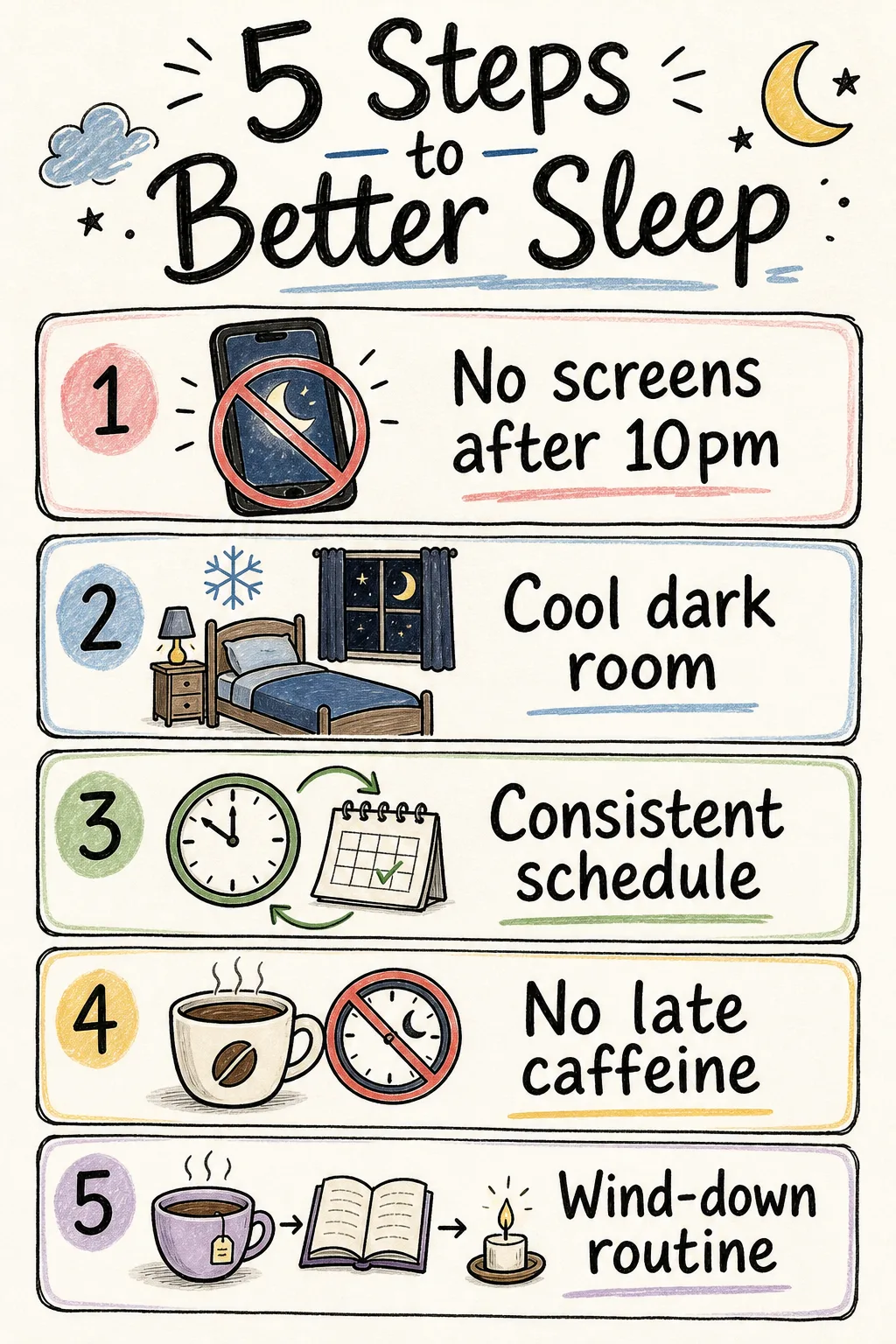 Infographic example: 5 steps to better sleep, hand-drawn style
