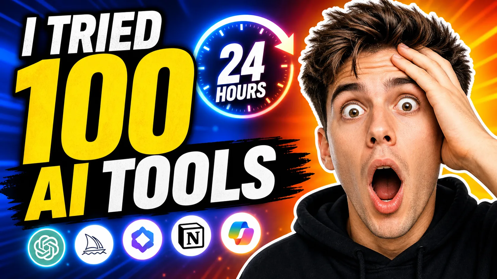 YouTube thumbnail example: I Tried 100 AI Tools in 24 Hours, bold creator style